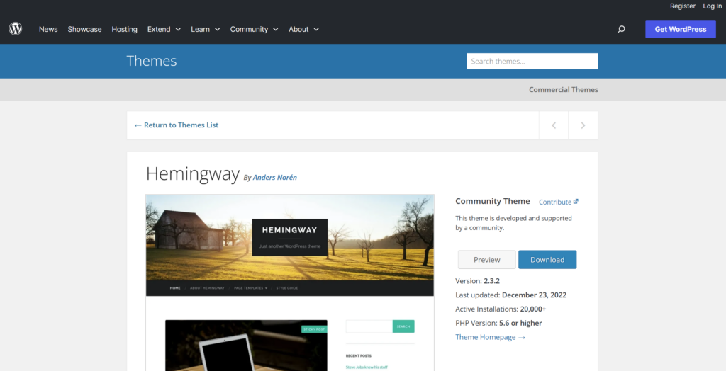 Hemingway blog website - WordPress blog themes