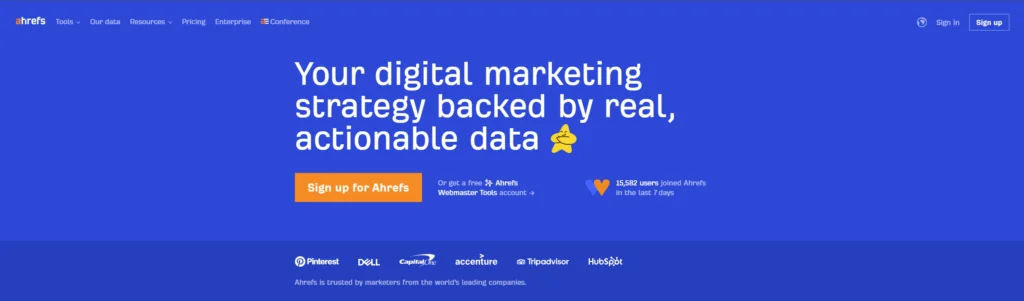 Ahrefs main page showcasing content marketing analytics tools and features