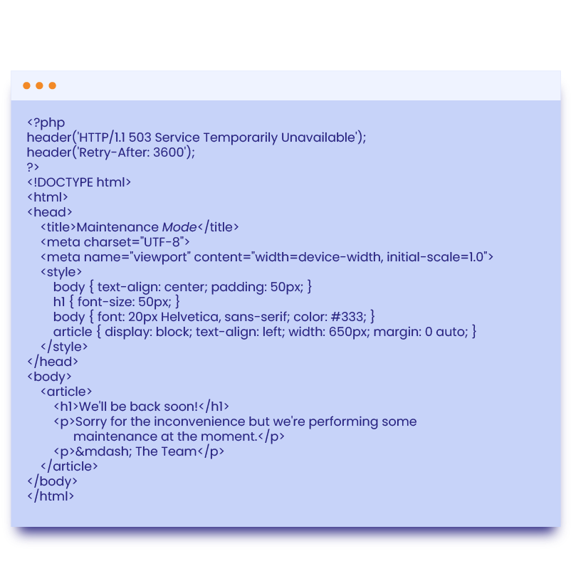 WordPress maintenance mode page, illustrating how to put WordPress in maintenance mode manually