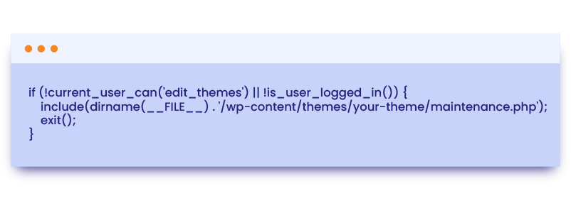 PHP code snippet for WordPress maintenance mode, demonstrating how to put WordPress in maintenance mode manually