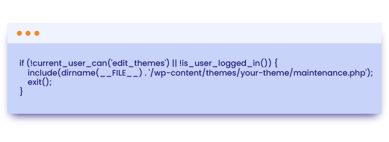 PHP code snippet for WordPress maintenance mode, demonstrating how to put WordPress in maintenance mode manually