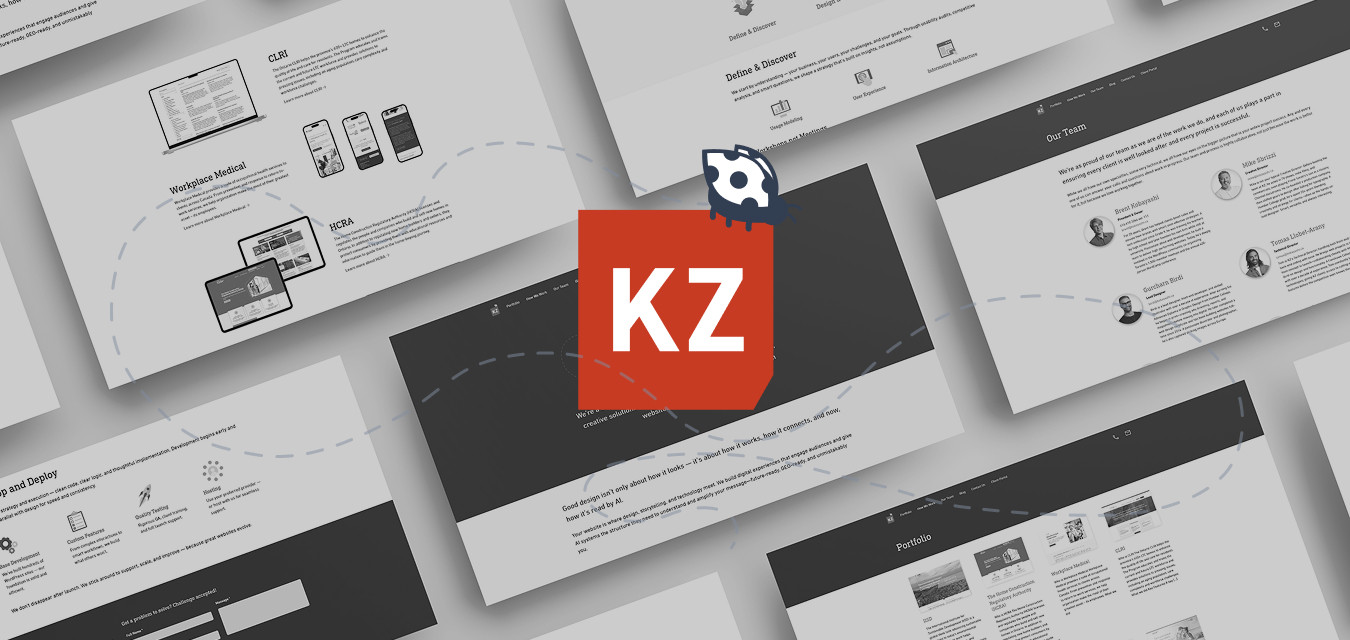 Collage of various website layout screenshots with a red "KZ" logo prominently displayed in the center.