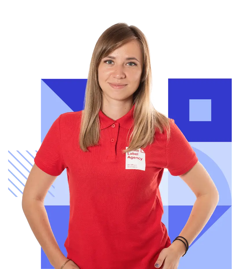 A woman with straight blonde hair smiling and wearing a red polo shirt with the White Label Agency logo.