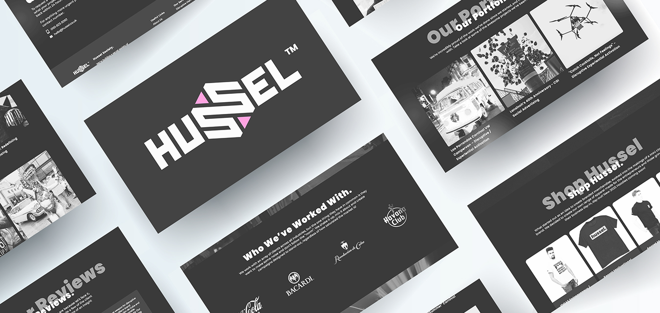 A collage of minimalist marketing presentation slides for HUSSEL, featuring a central logo, a quote request form, and sections showcasing client logos and customer reviews.