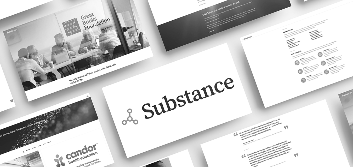 A collage of white brand presentation slides for Substance, featuring a central logo with an orange icon and surrounding slides showcasing various client projects.