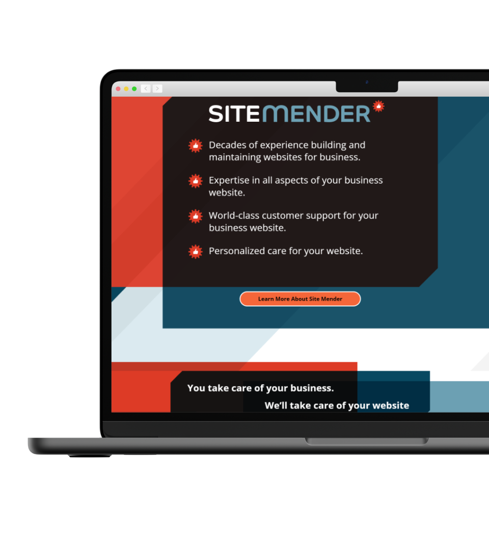 A laptop mockup displaying the homepage for SITE MENDER, featuring bullet points about website building and maintenance experience, expertise, customer support, and personalized care.