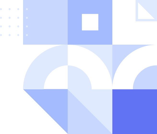 An abstract graphic design featuring a geometric pattern of squares, semicircles, and a dotted grid in varying shades of blue and white