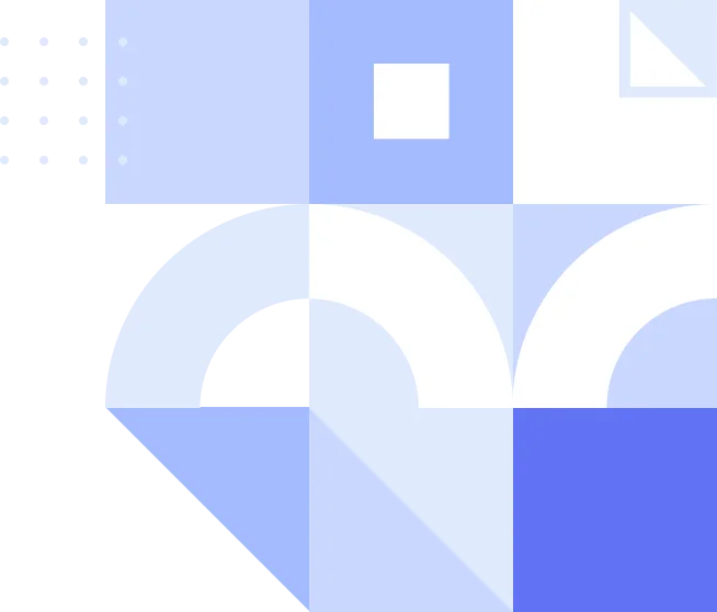 An abstract graphic design featuring a geometric pattern of squares, semicircles, and a dotted grid in varying shades of blue and white